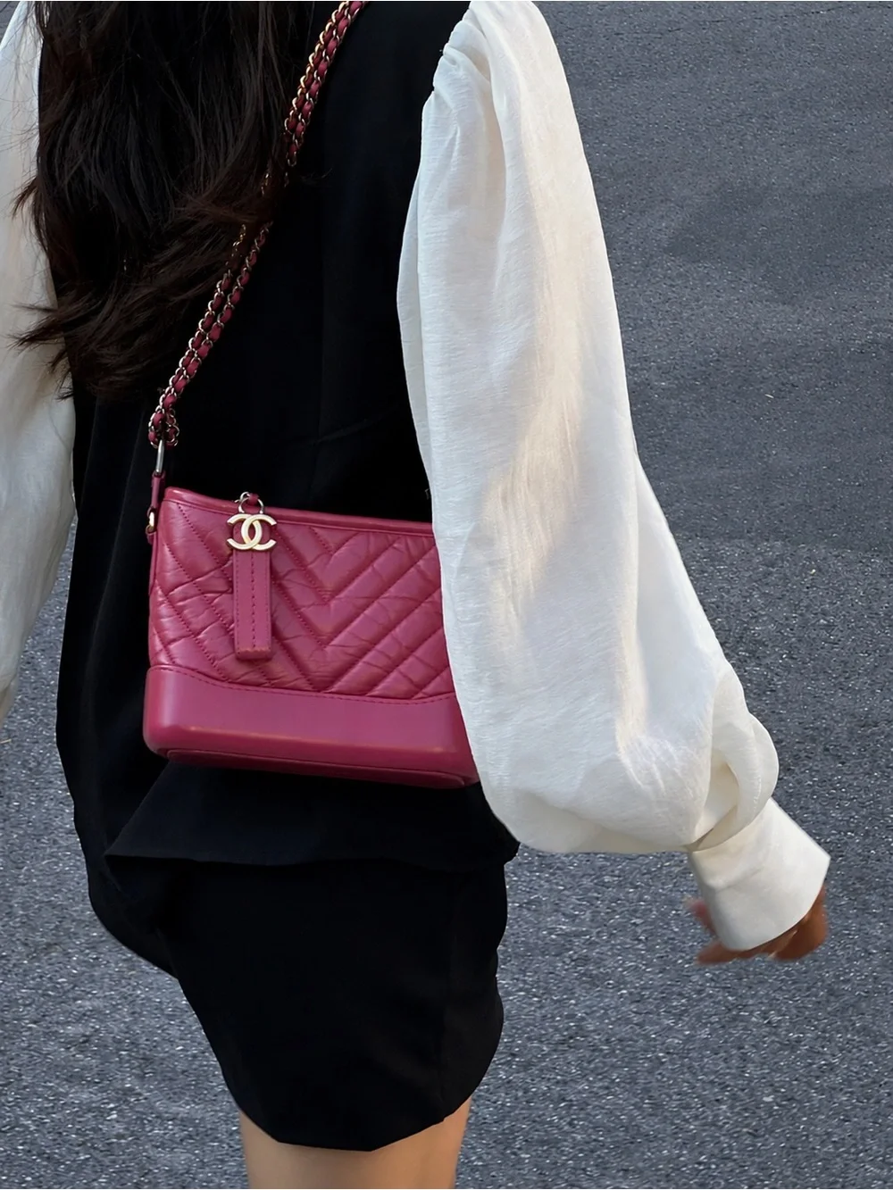 CHANEL Burgundy Quilted Chevron Leather Shoulder Bag with Gold CC Charm
